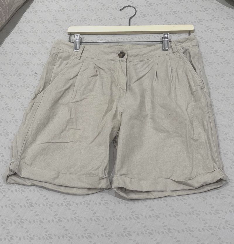 Beige Linen Unisex Shorts