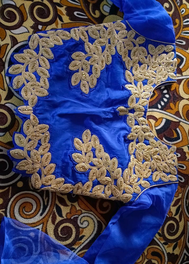 "Royal Blue Designer Blouse with Heavy Golden Embr