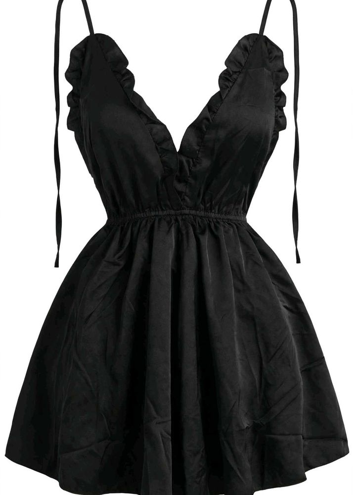 Black Satin Ruffle Babydoll Dress