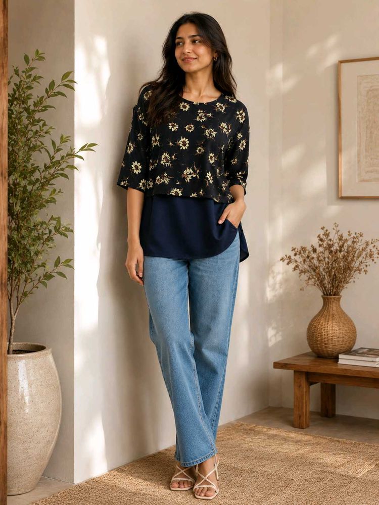 Stylish Navy Blue Floral Print Layered Top 💙