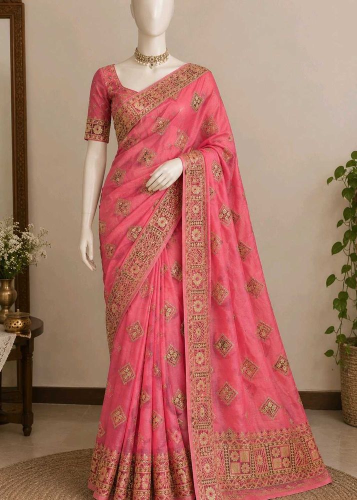 Elegant Pink Embroidered Saree