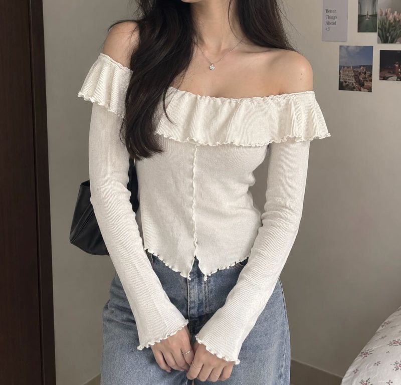 Off-Shoulder Ruffled Long Sleeve Top