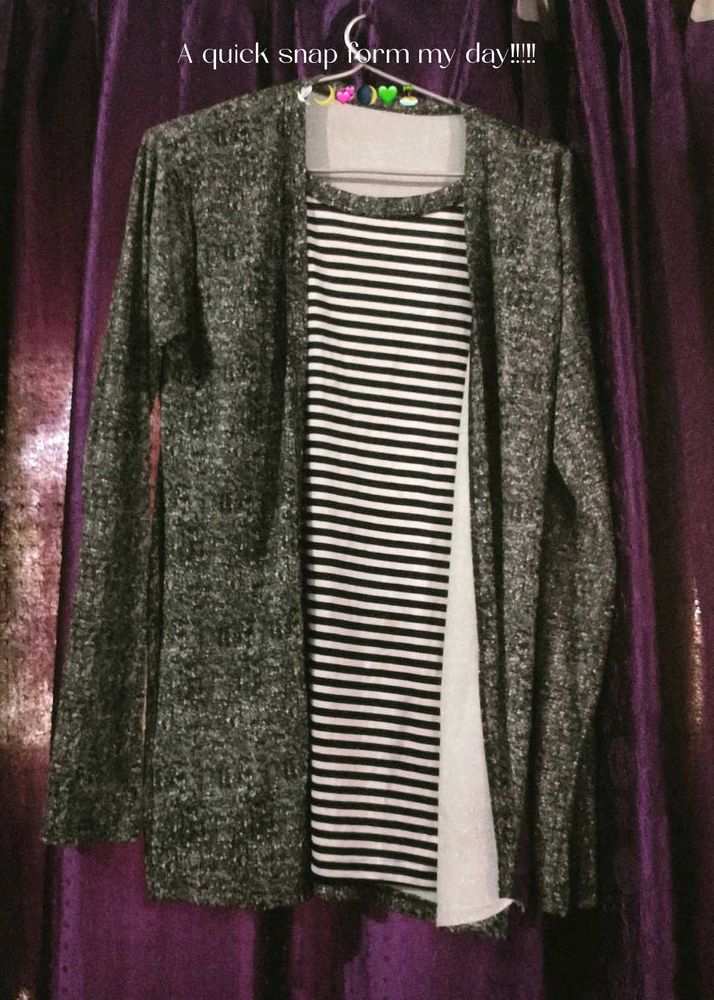Chic Striped Knit Dress with Cardigan
