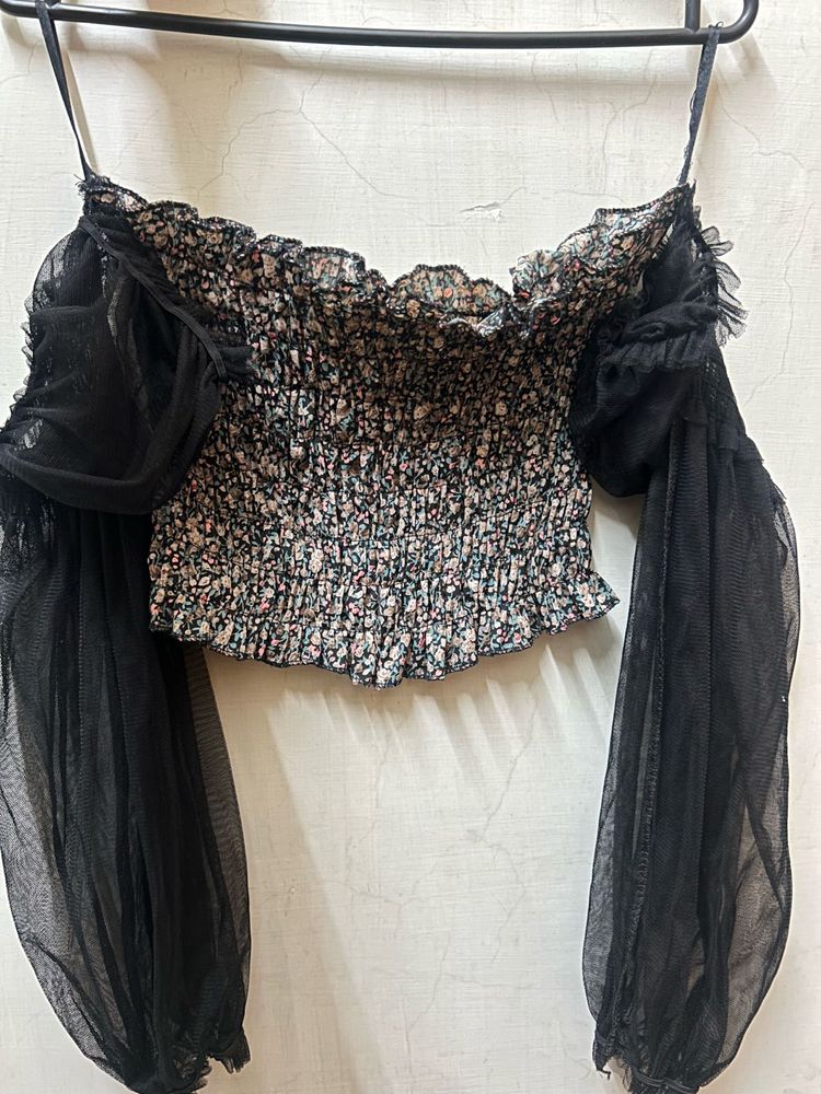 Floral Off-Shoulder Mesh Sleeve Top