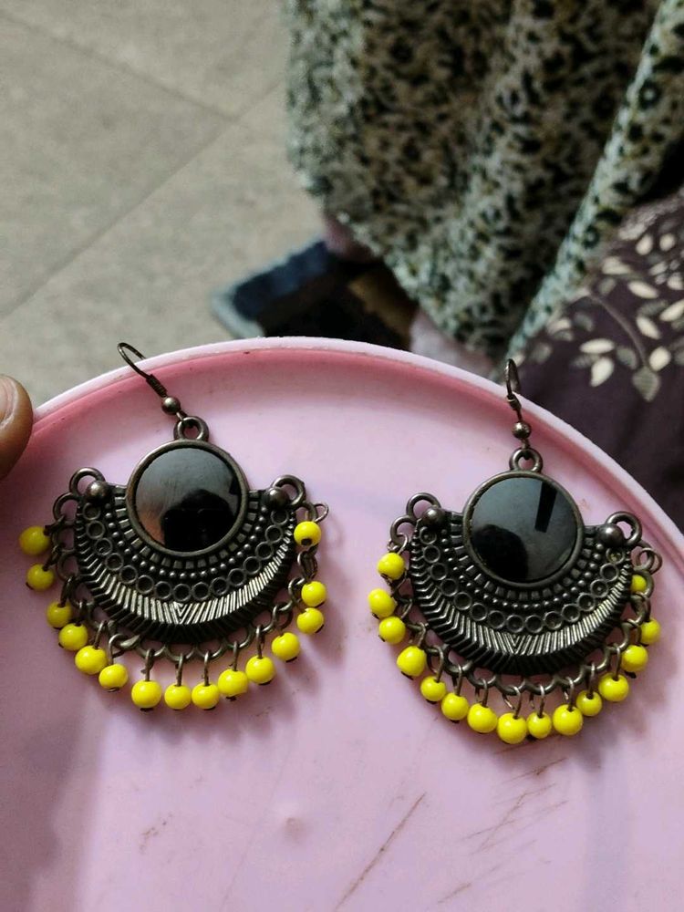 Bohemian Style Fan Earrings with Yellow Beads