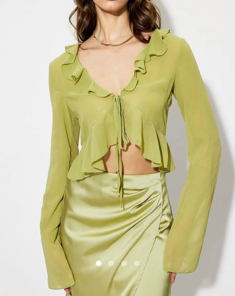 savana Lime Green Sheer Ruffle Tie-Front Top