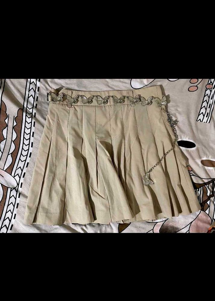 Khaki Pleated Skirt with Butterfly Detail