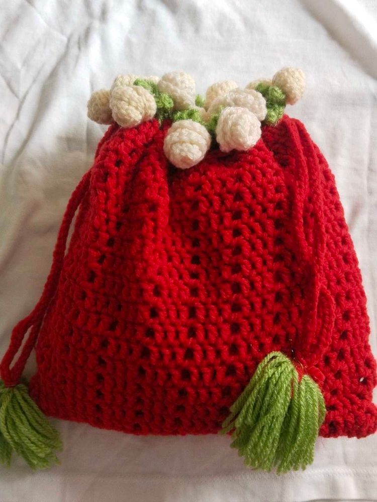 Handmade Red Crochet Drawstring Bag