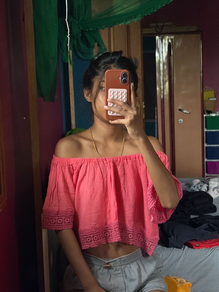Pink Off-Shoulder Cropped Top