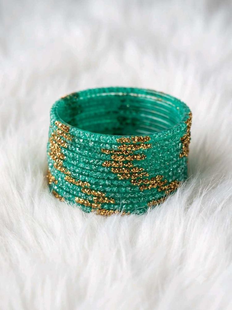 Emerald Green glass Bangles with Gold Glitter