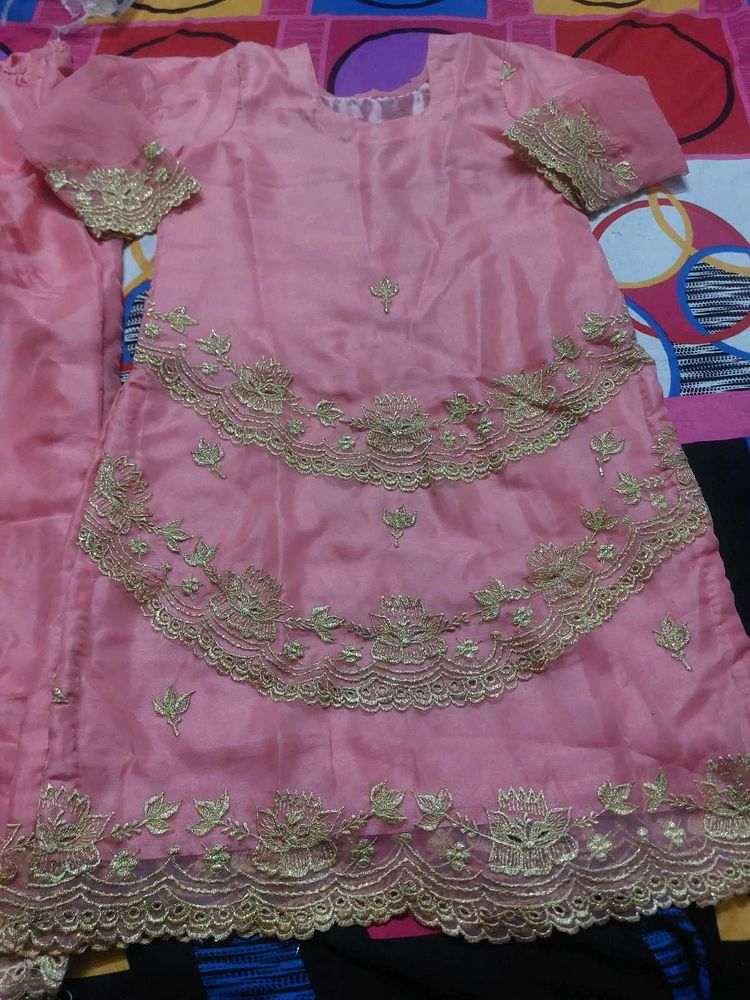 pakistani Beautiful Pink sharara Set with Gold Emb