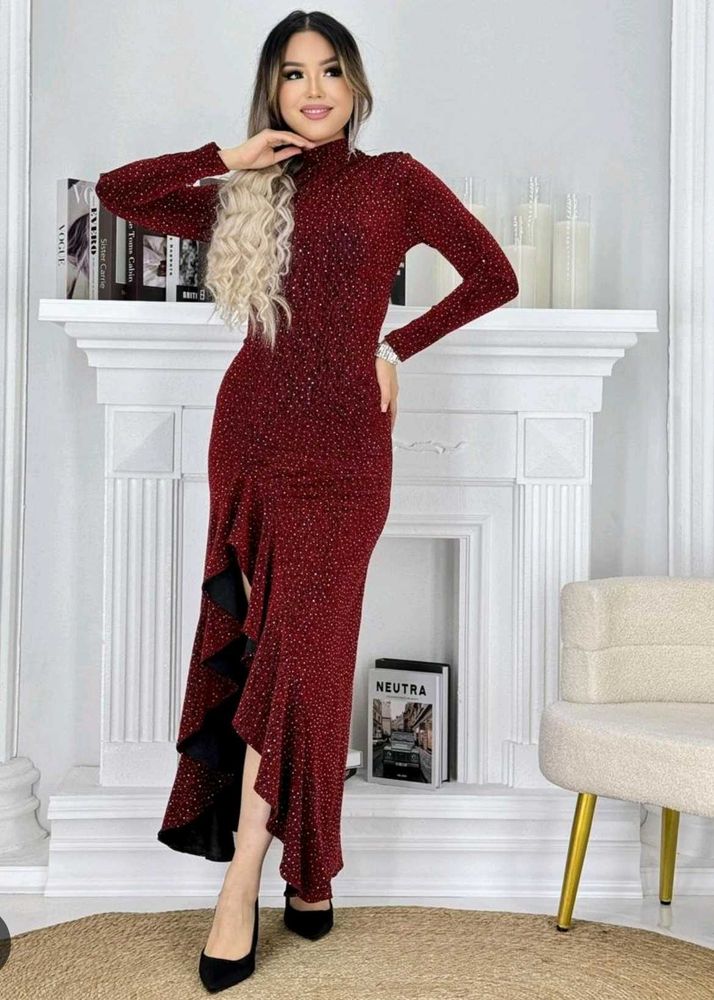 Sparkly Red Maxi Dress with Ruffle Detail