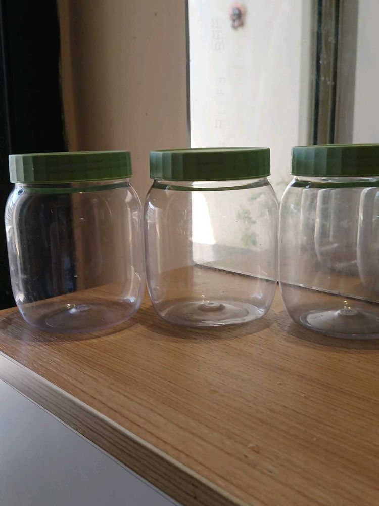 Set of 3 Clear Plastic Jars with Green Lids