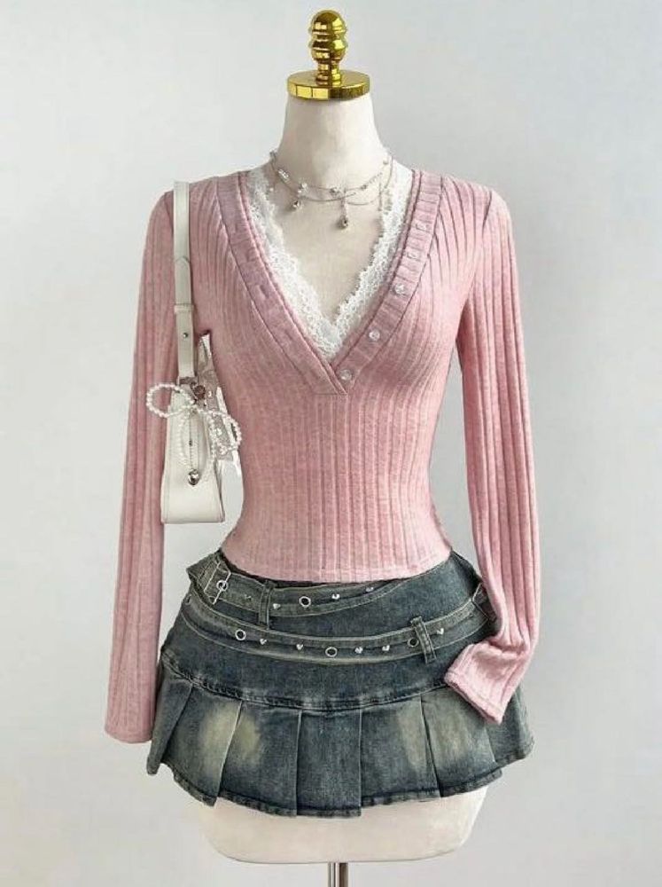 Ribbed V-Neck Lace Trim Top