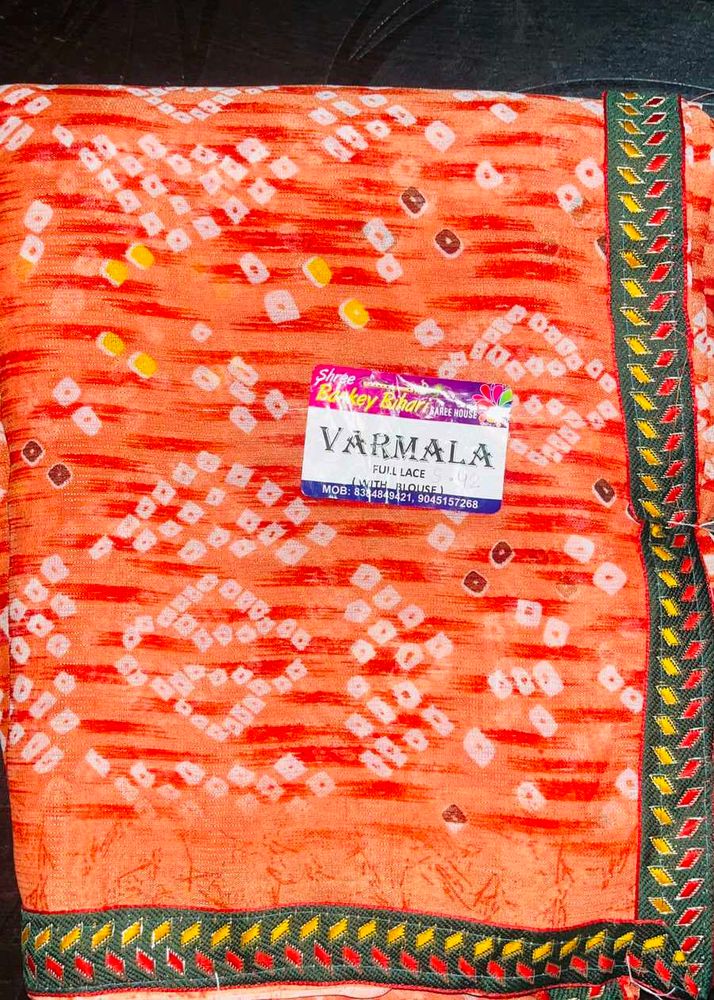 Orange Bandhani Print Saree with Lace Border