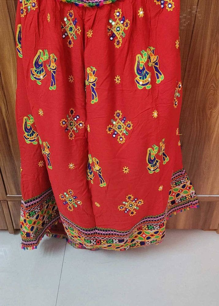 Red Embroidered Skirt with Mirror Work