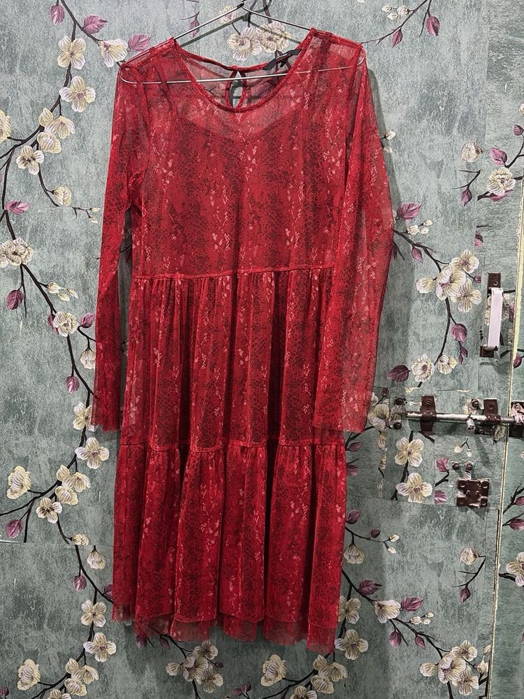 Chic Red Lace Tiered Dress