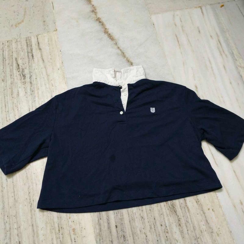 Navy Blue Collared Crop Top