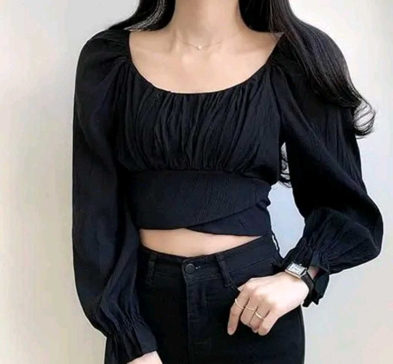 Trendy black wrap up crop top