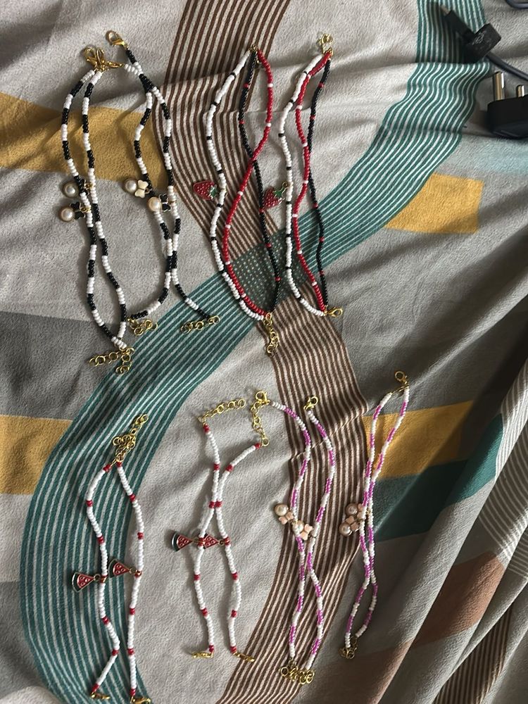 Beaded Anklets with Charms - Set of 7