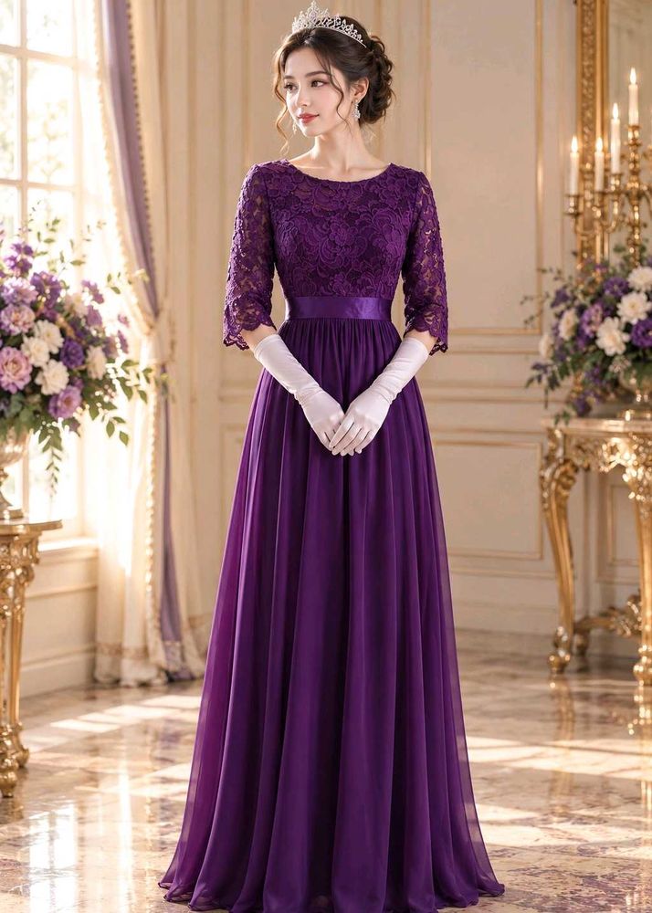 Dark Purple Lace Evening Gown 💜🤍👑