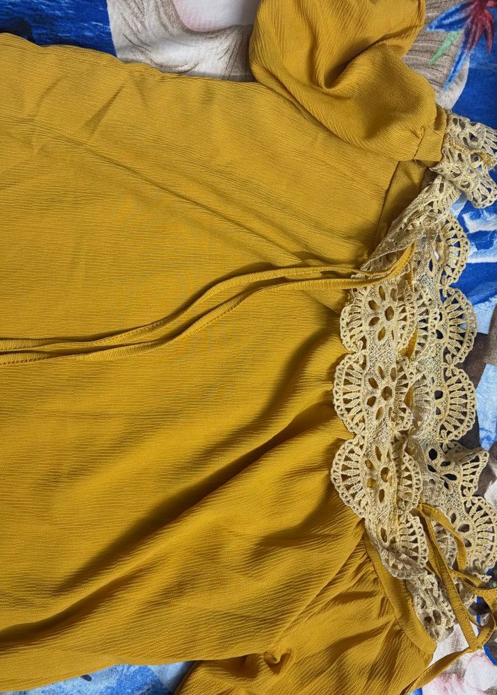 Mustard Yellow Lace Trim Blouse