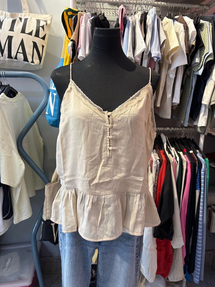 Cream Lace Trim Peplum Cami Top
