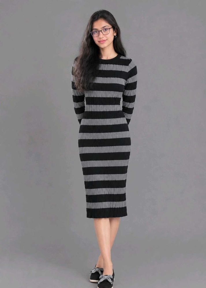 Striped Long Sleeve Midi Wollen Dress