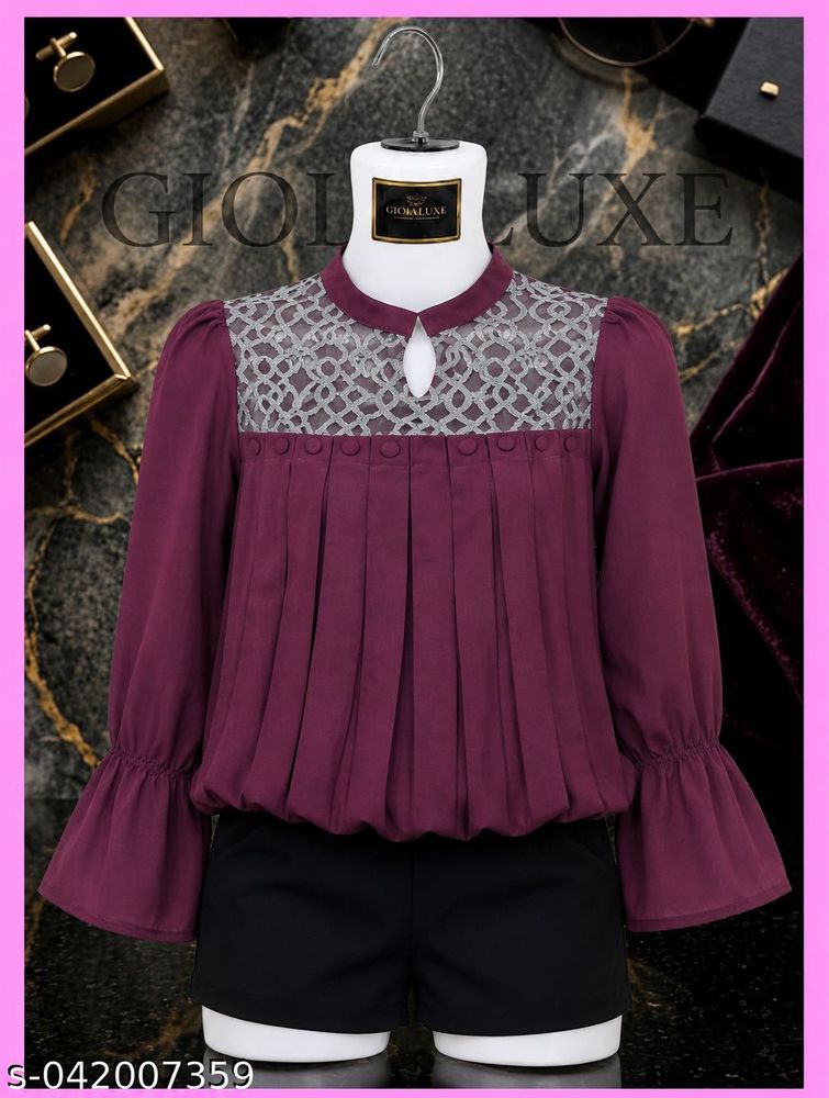 Elegant Pleated Purple Top with Lace Yoke