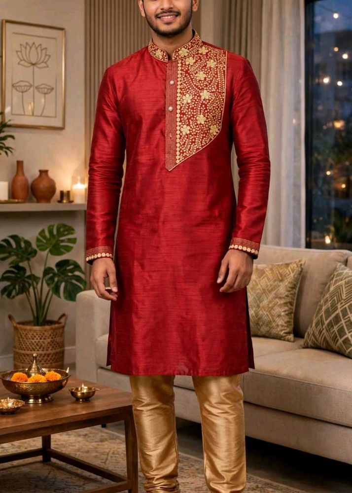 man's red sherwani