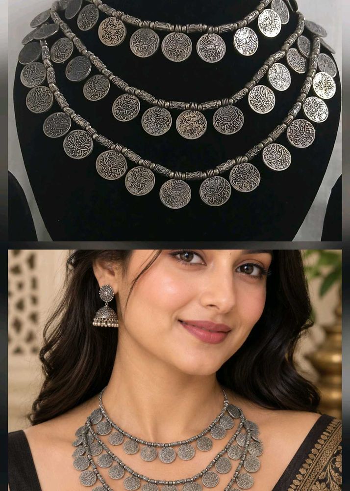 Oxidized Silver Coin Necklace Set