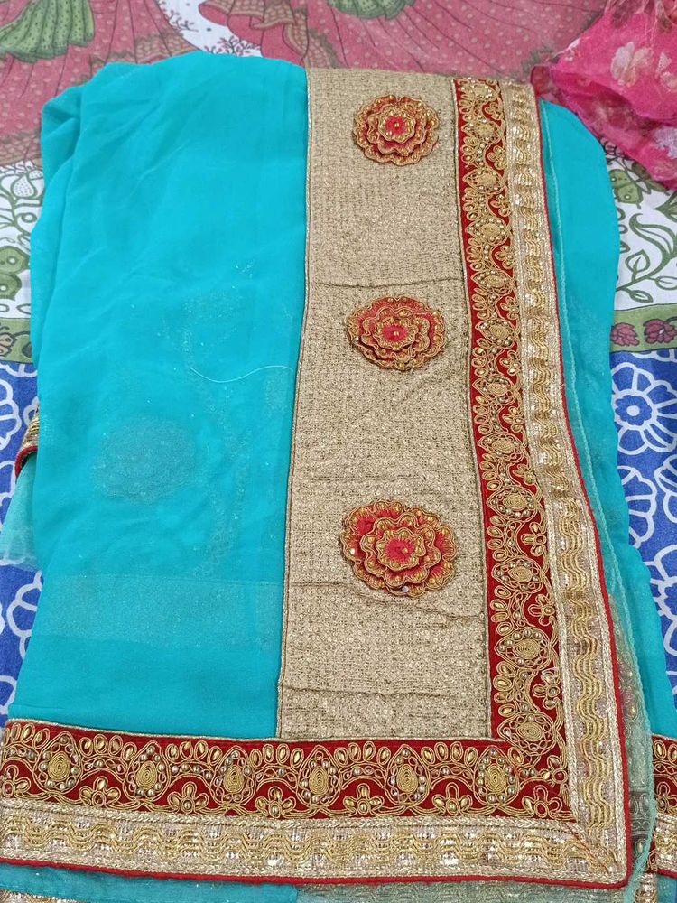 Teal Blue &amp; Gold Embellished Saree