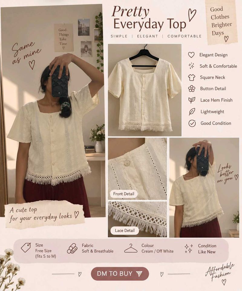 Cream Embroidered Lace Detail Top 🤍✨