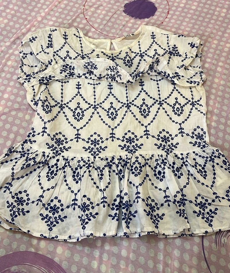 Embroidered White &amp; Blue Blouse