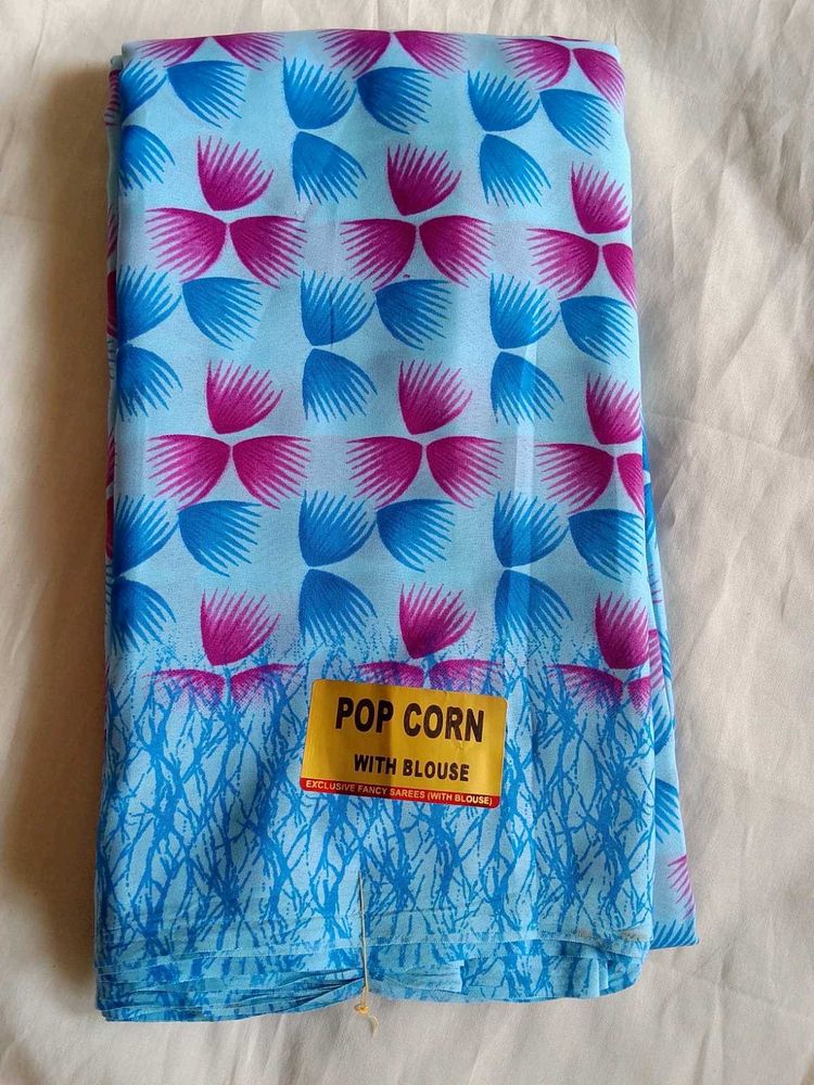 Blue Popcorn Saree with Blouse
