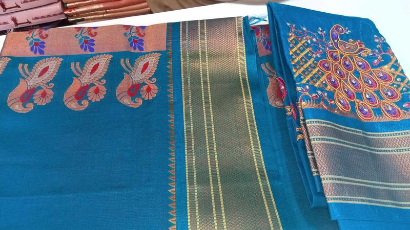 Beautiful Teal Peacock Embroidered Saree