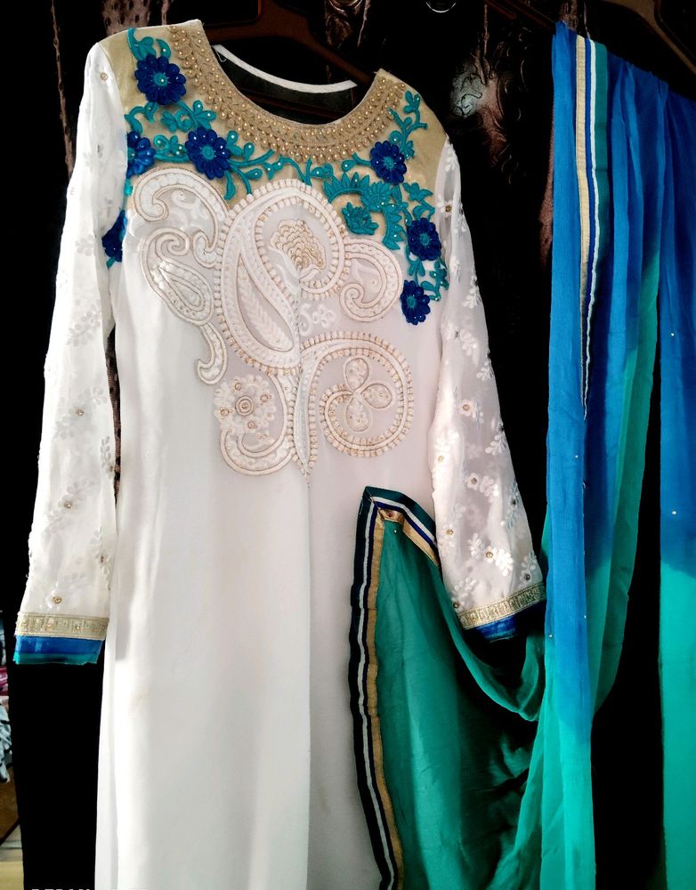 Party Wear White &amp; Blue Embroidered Kurta Plazzo,