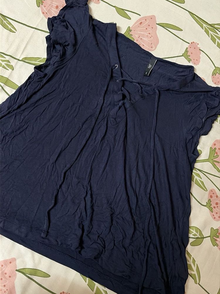 Navy Blue Lace-Up V-Neck Top