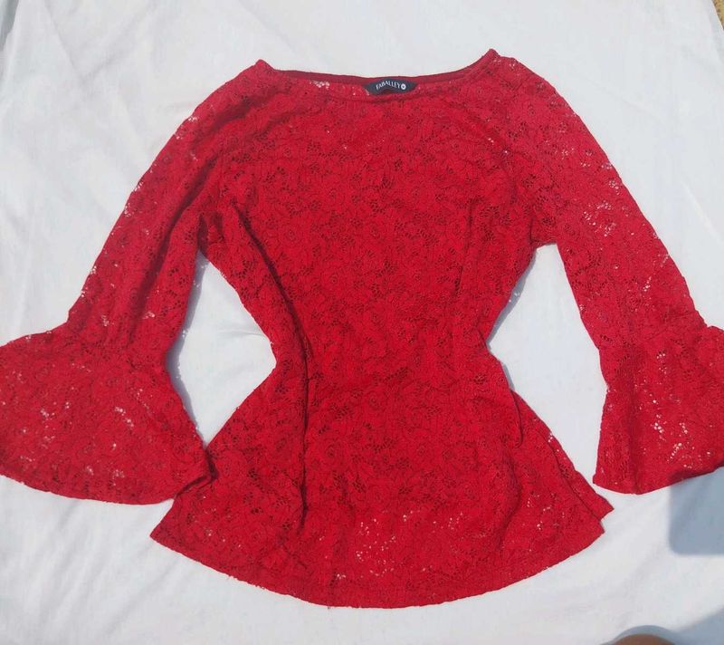 Red Lace Bell Sleeve Top