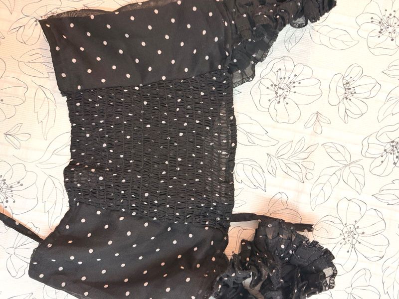 Black Polka Dot Smocked Crop Top
