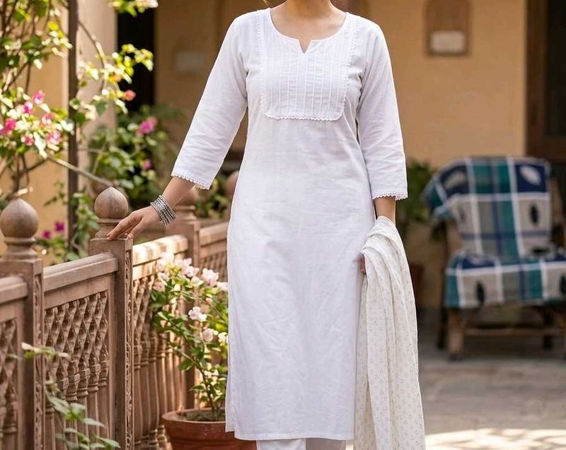 Elegant White Cotton Kurta Set