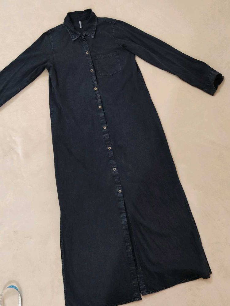 Black Acid Wash Denim Maxi Shirt Dres