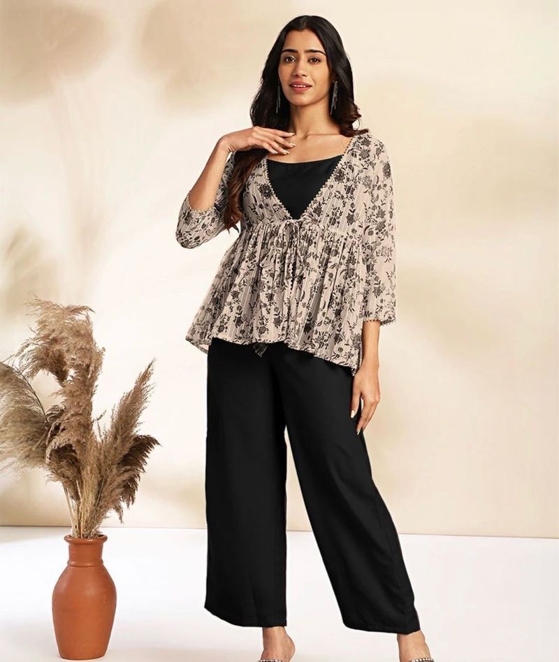 Black &amp; Beige Floral 3-Piece Co-Ord Set | Stylish