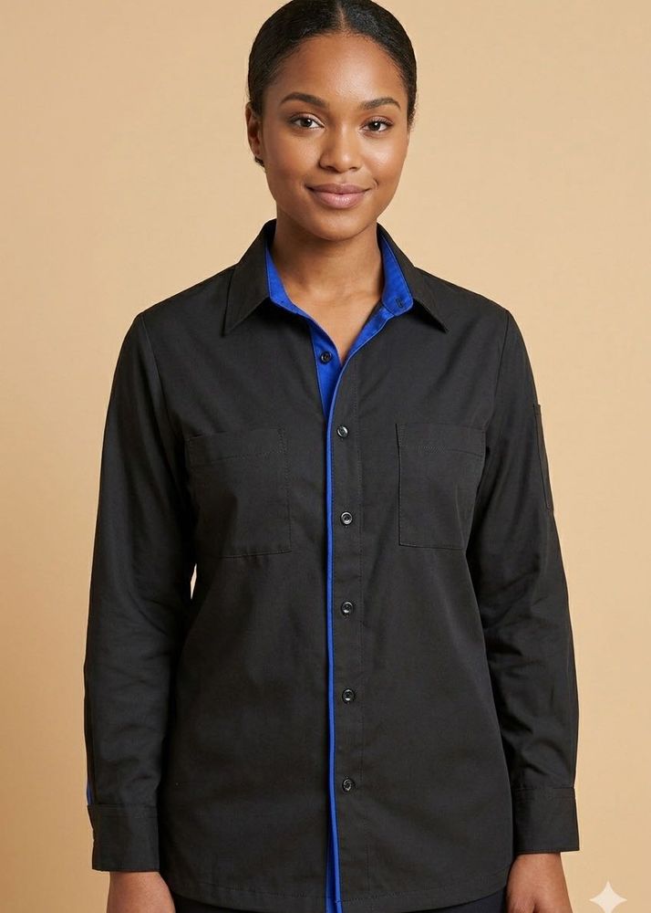 Black Button-Up Shirt with Blue Trim bust