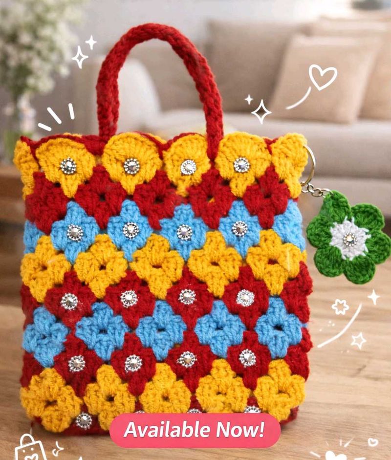 small Boho Crochet Tote Bag with Charm