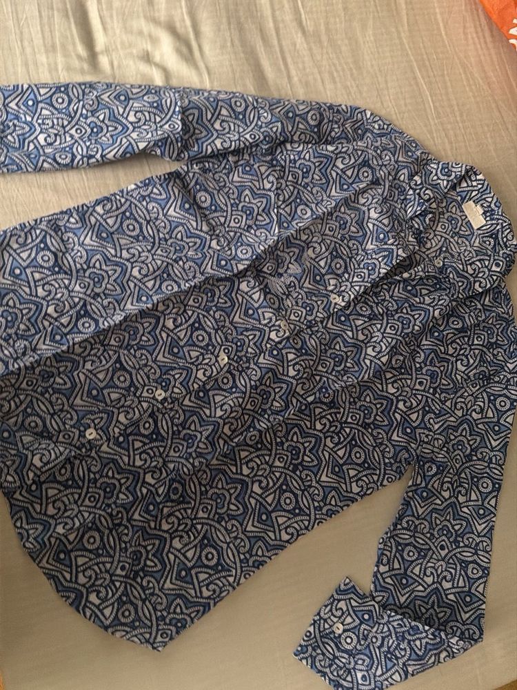 Blue Printed Button-Up Shirt