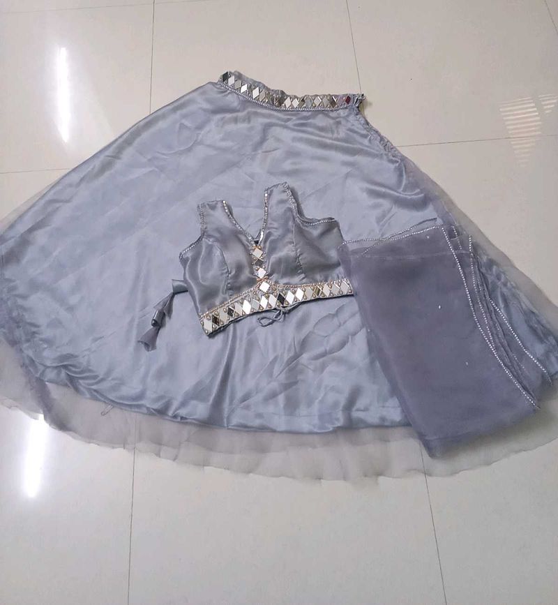 Grey Lehenga Choli Set with Mirror Work