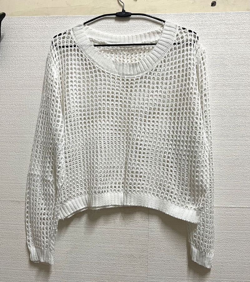 Chic White Crochet Knit Sweater