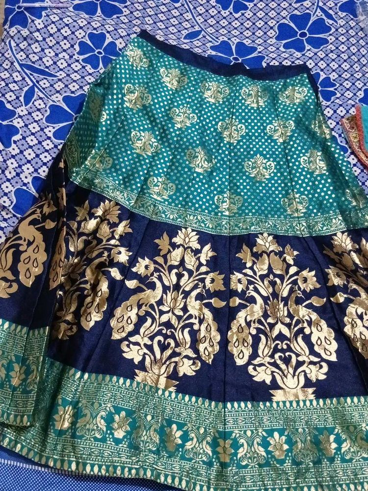Elegant Teal &amp; Navy Peacock Brocade Lehenga