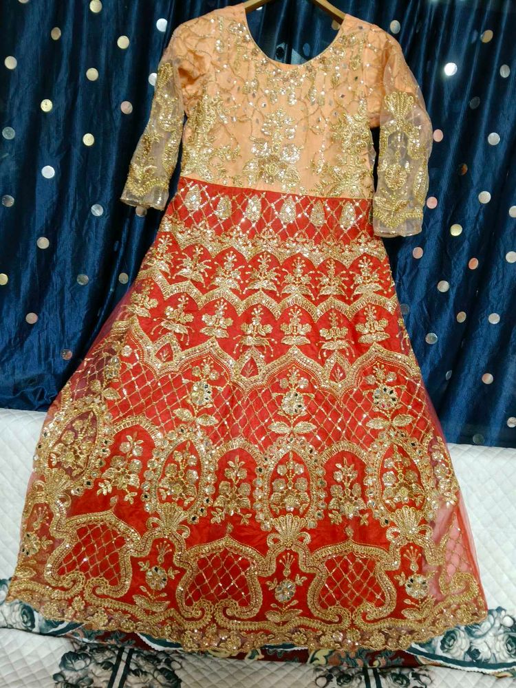 bridal gown peach and red colour